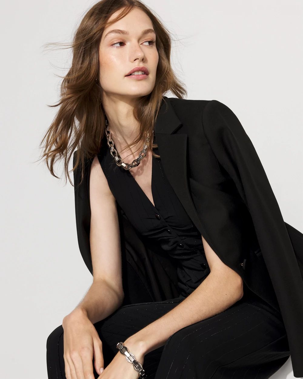 トップス WC PINSTRIPE JK / BLK/WHT Metallic Pinstripe Crepe Jumpsuit | White House Black Market